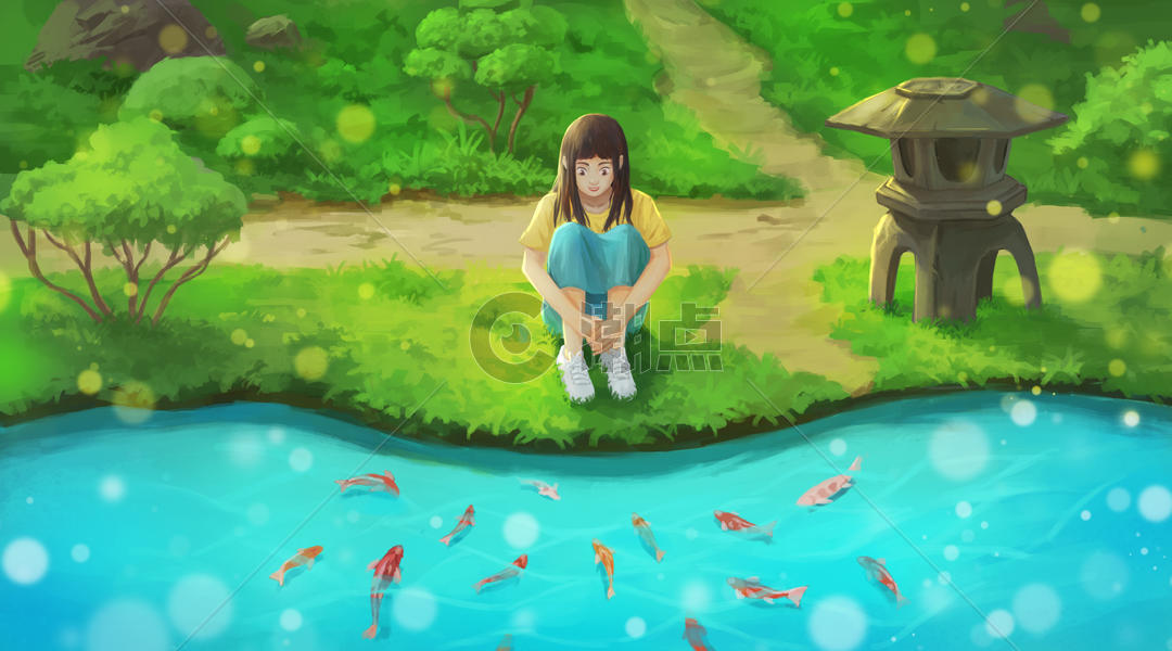 夏日水边赏鱼的女孩图片素材免费下载