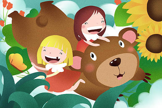 快乐玩耍的小女孩和熊图片素材免费下载