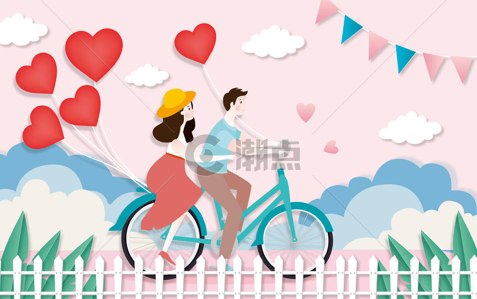 单车情侣剪纸风图片素材免费下载