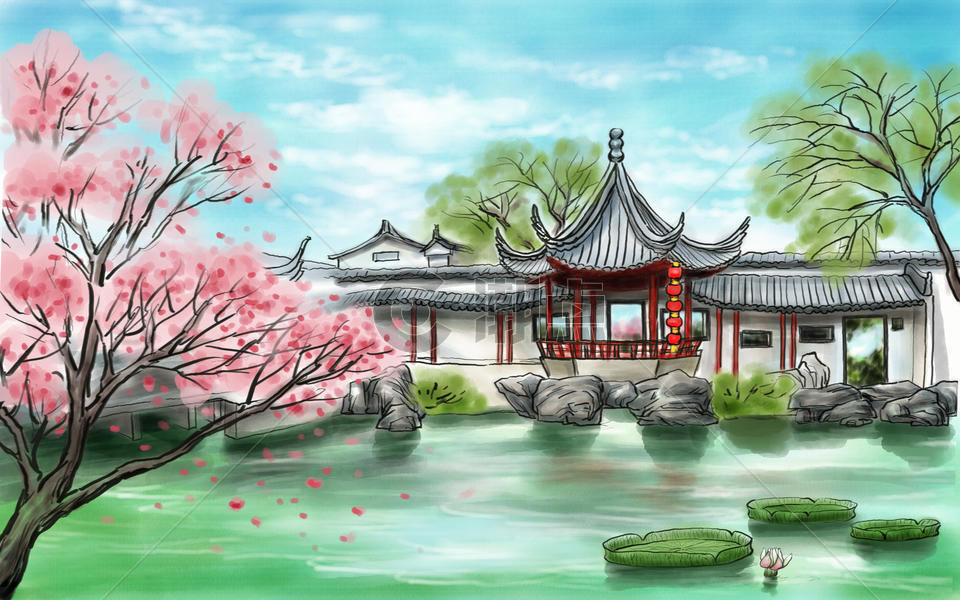 水墨画风景画背景 苏州园林图片素材免费下载