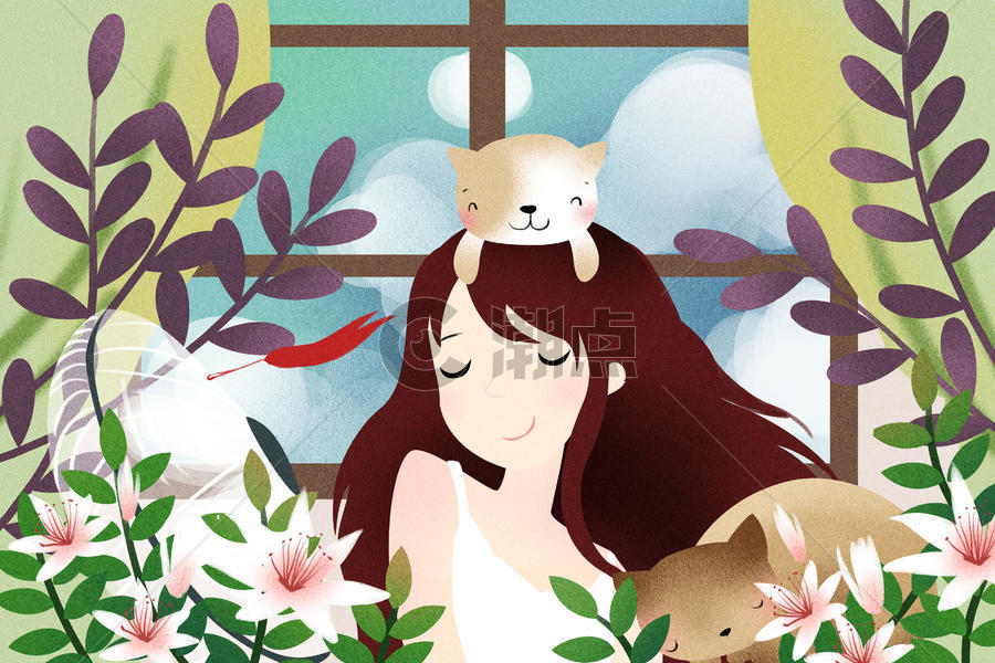 清新夏天猫咪少女插画图片素材免费下载