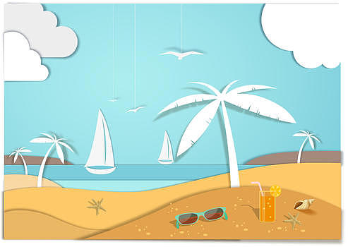 夏日沙滩椰子树剪纸图片素材免费下载