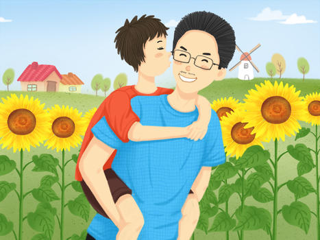 向日葵花丛中的父子图片素材免费下载