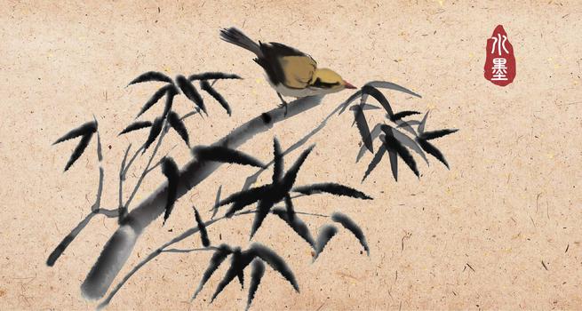 竹子上的鸟水墨图片素材免费下载