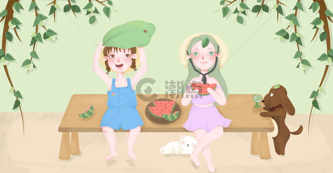 清新夏天女孩乘凉吃西瓜插画图片素材免费下载