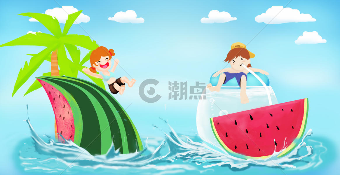 清新夏至儿童吃西瓜插画图片素材免费下载