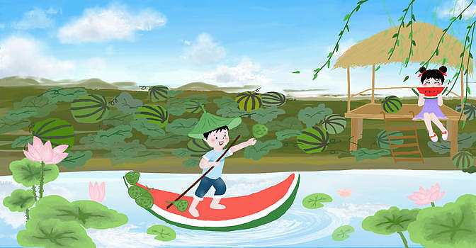 夏至荷塘西瓜插画图片素材免费下载