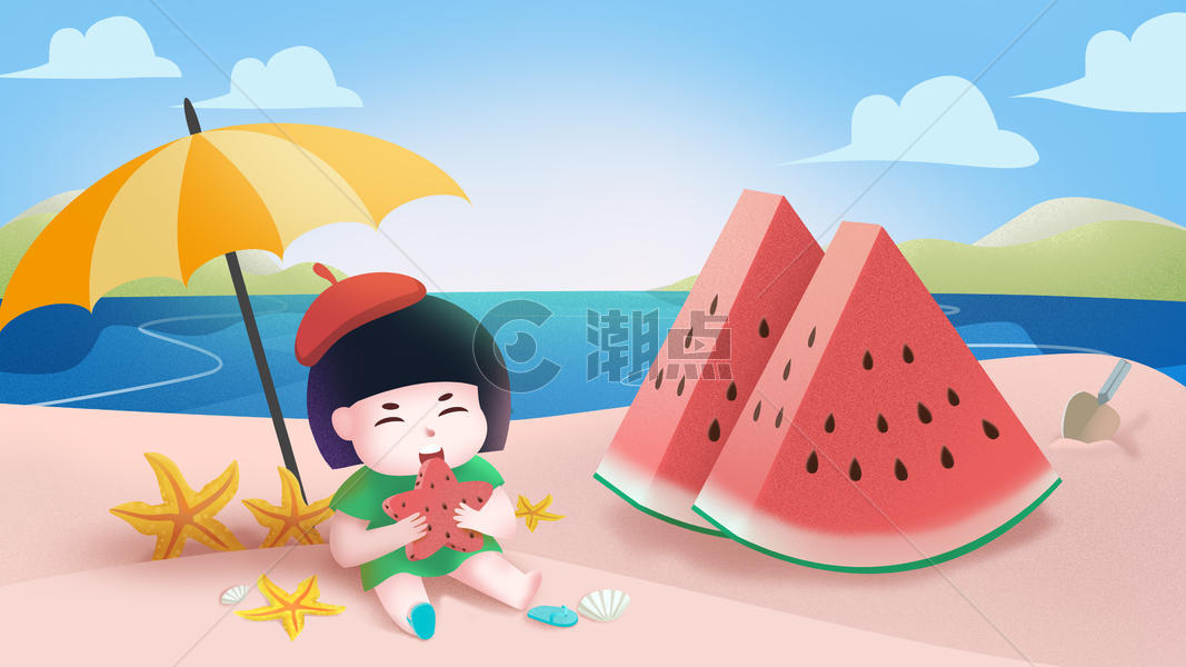 夏至西瓜可爱小孩吃西瓜插画图片素材免费下载
