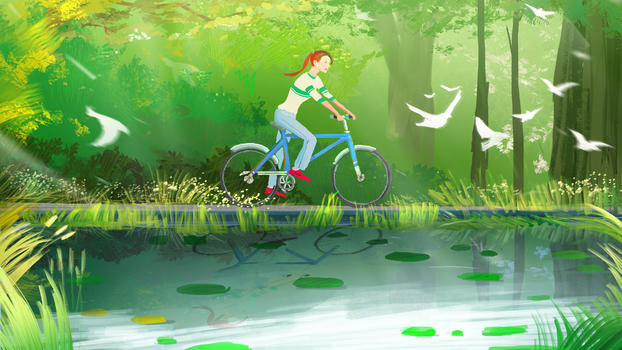 湖边骑自行车的女孩图片素材免费下载