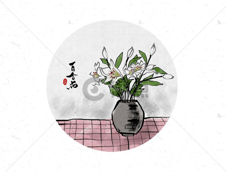 百合花中国风水墨画图片素材免费下载