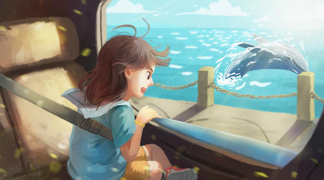 假日坐车旅行去看海的小女孩图片素材免费下载