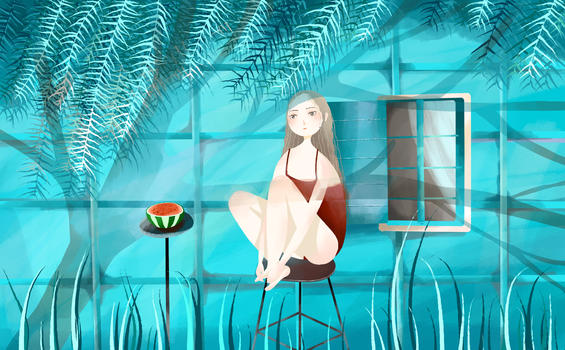 夏天吃西瓜插画图片素材免费下载