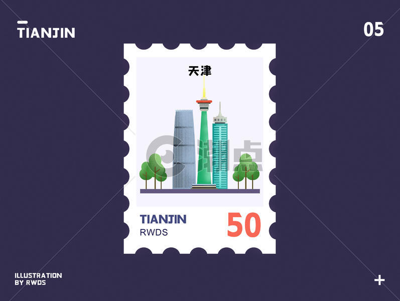 天津天塔地标邮票插画图片素材免费下载