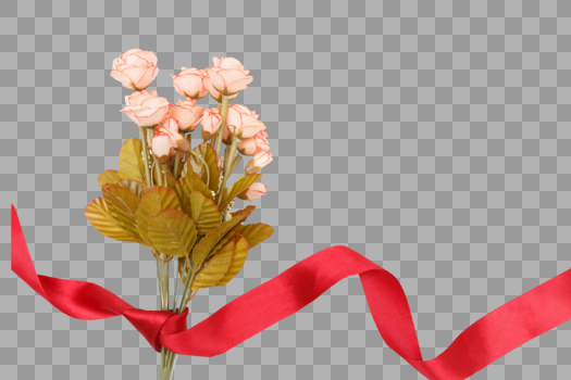 红色丝带与玫瑰花朵图片素材免费下载