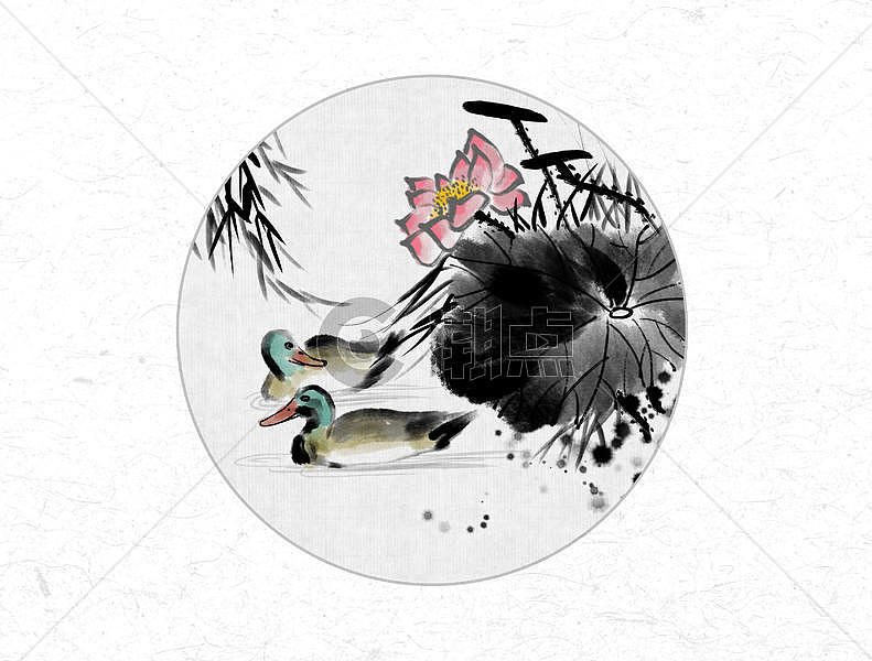 荷花和鸭子中国风水墨画图片素材免费下载