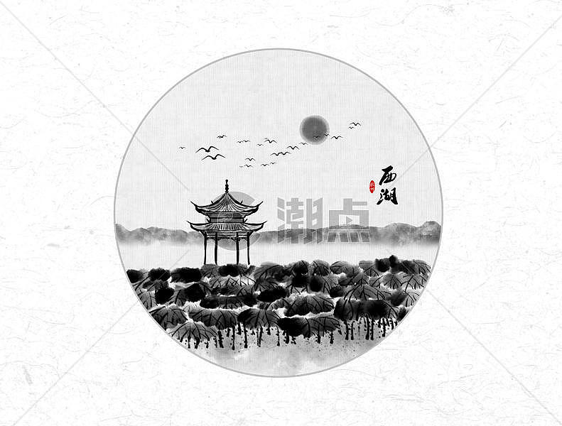 西湖风景中国风水墨画图片素材免费下载