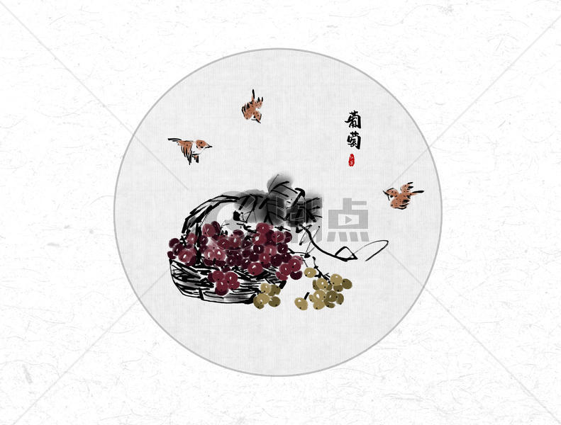 葡萄和麻雀中国风水墨画图片素材免费下载