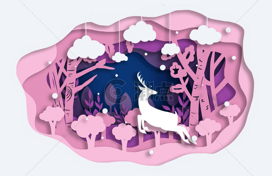 粉色森林小鹿立体剪纸图片素材免费下载
