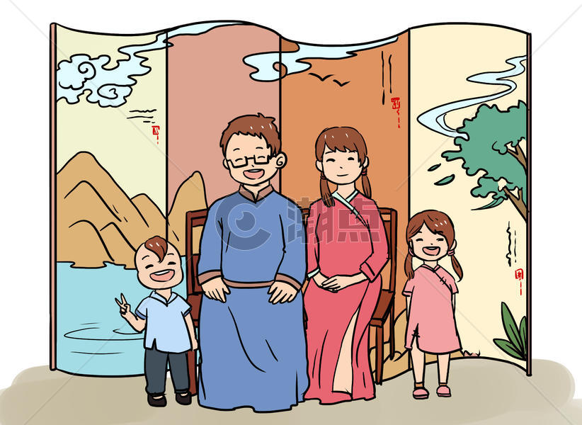 家庭生活全家福漫画图片素材免费下载