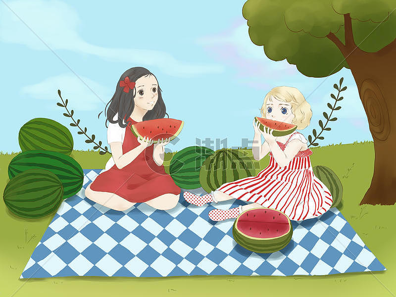 夏天女孩野餐吃西瓜插画图片素材免费下载