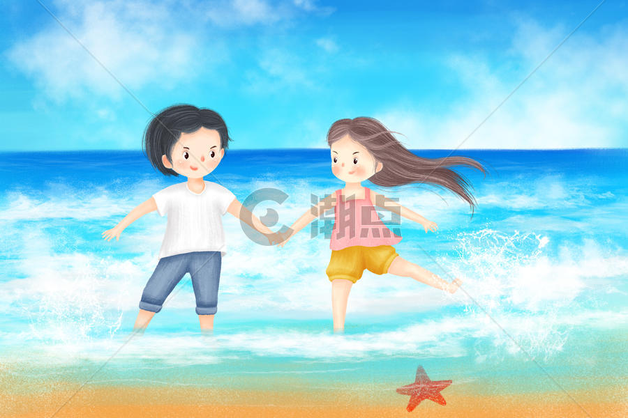 手绘情侣海边旅游插画图片素材免费下载