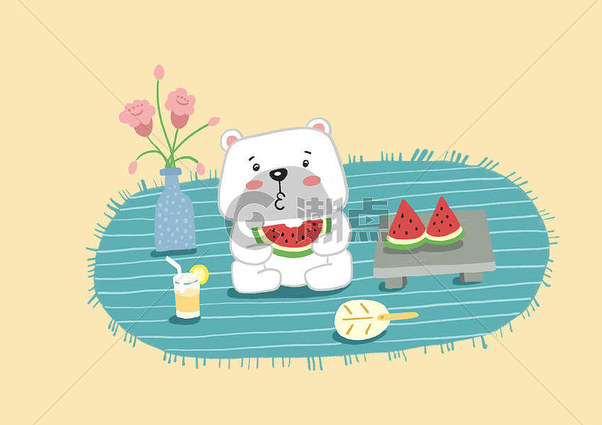 夏天小熊吃西瓜插画手绘图片素材免费下载