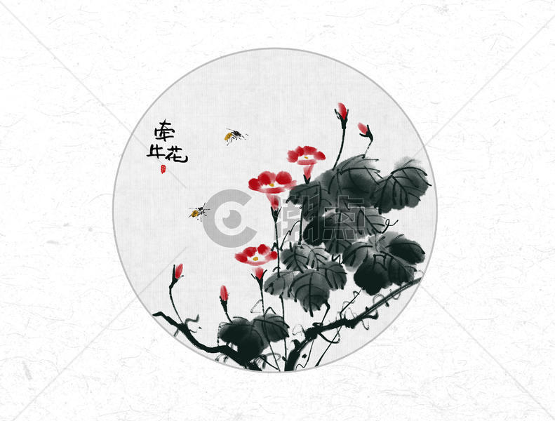 牵牛花与蜜蜂中国风水墨画图片素材免费下载