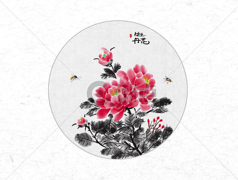 牡丹花与蜜蜂中国风水墨画图片素材免费下载