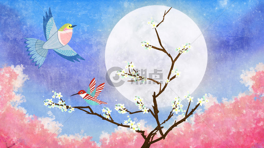 月光下的小鸟与梅花树清新插画图片素材免费下载