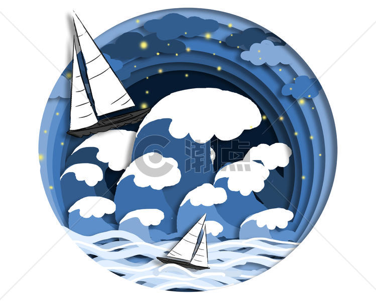清新海浪帆船立体剪纸图片素材免费下载