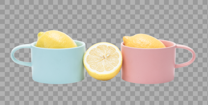 蓝色粉色茶缸柠檬果免抠图元素图片素材免费下载