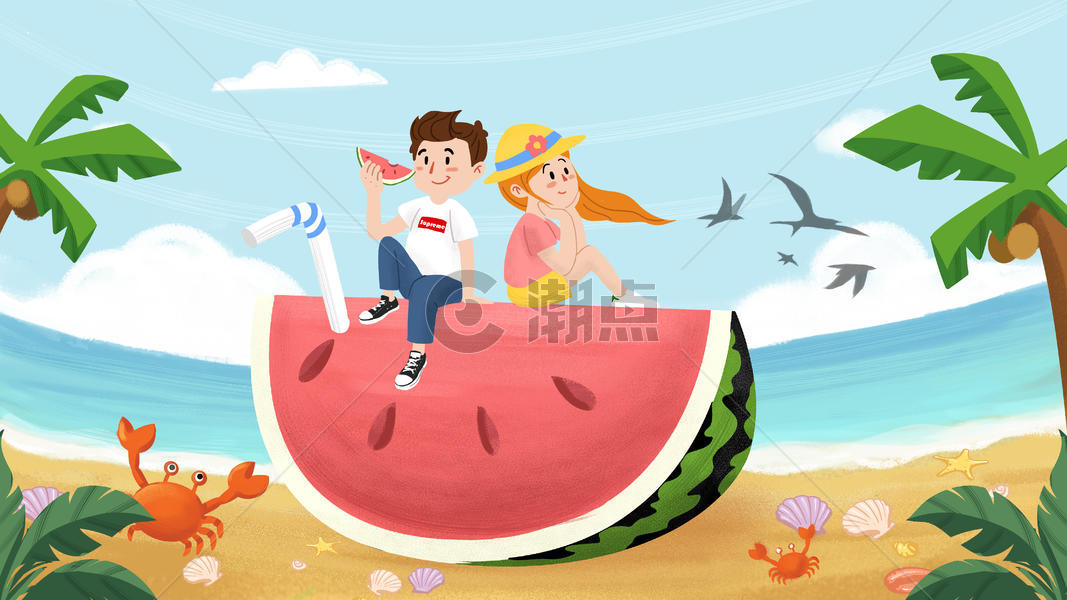 夏天情侣海边旅行插画图片素材免费下载