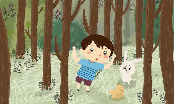 森林里小男孩与动物玩耍图片素材免费下载