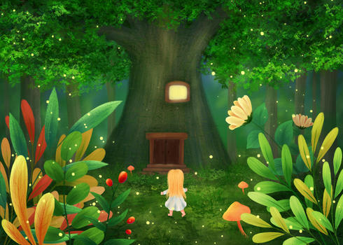 手绘儿童插画仲夏夜童话森林图片素材免费下载