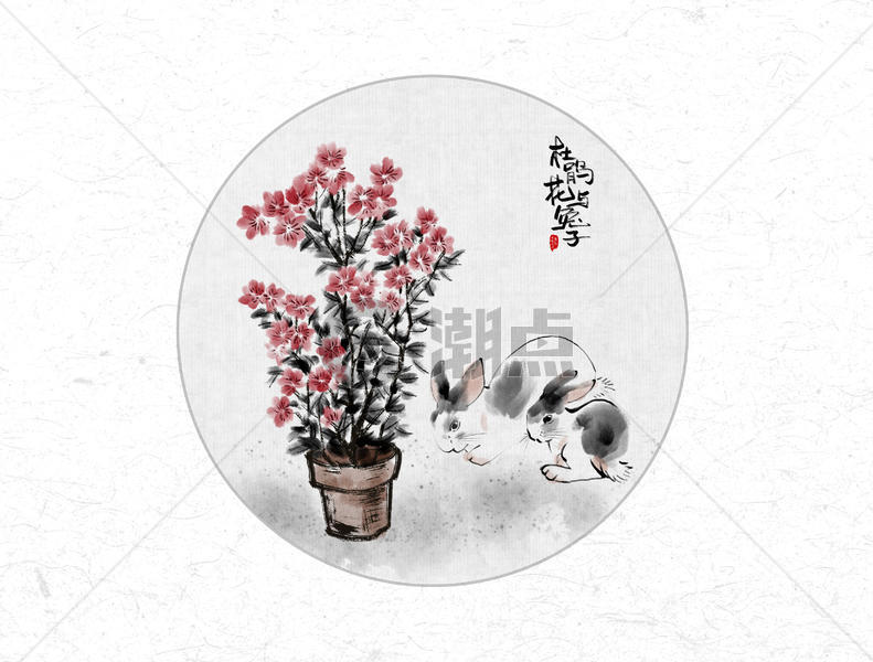杜鹃花与兔子中国风水墨画图片素材免费下载