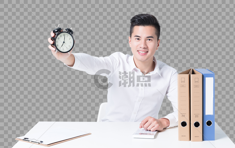 办公桌前手拿闹钟的商务男性图片图片素材免费下载