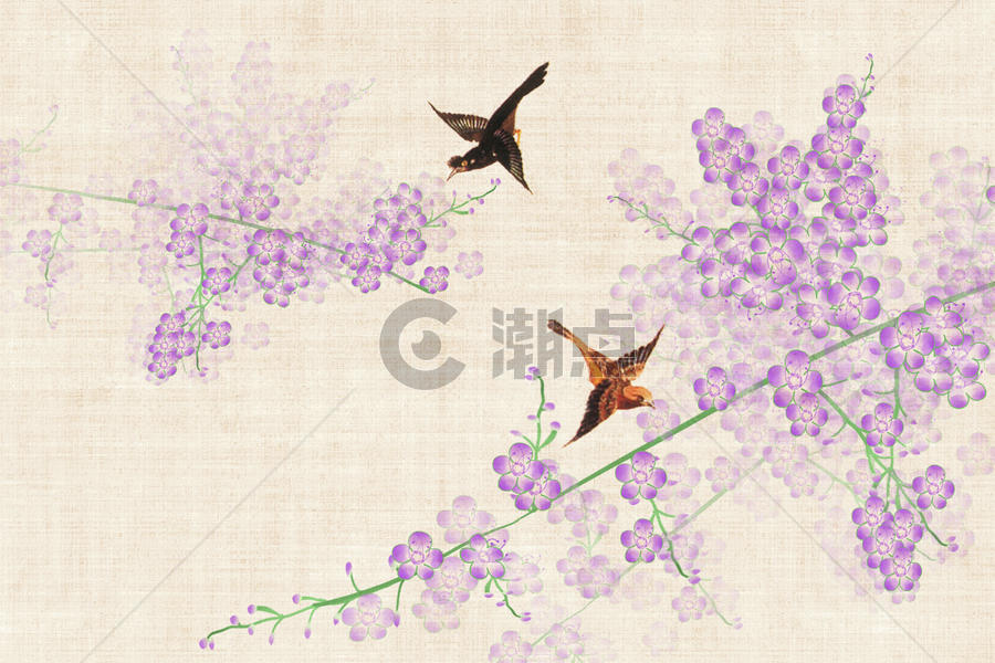 中国风淡雅飞鸟与繁花图片素材免费下载