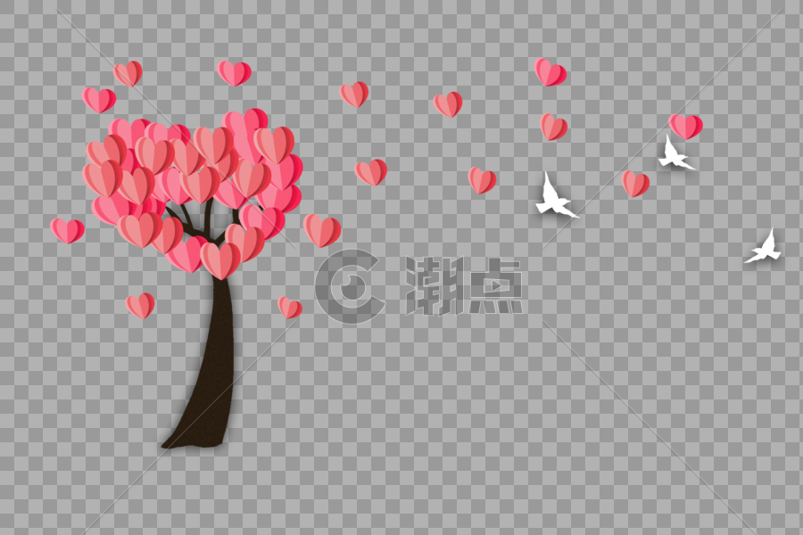 浪漫剪纸桃心树和白鸽图片素材免费下载