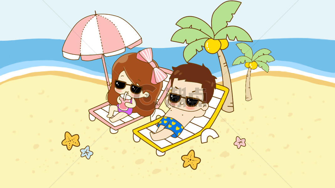 Q版卡通情侣海滩度假阳光浴图片素材免费下载