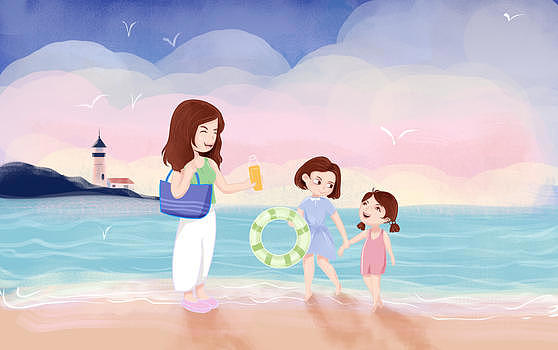 黄昏海边沙滩夏令营亲子活动暑假插画图片素材免费下载