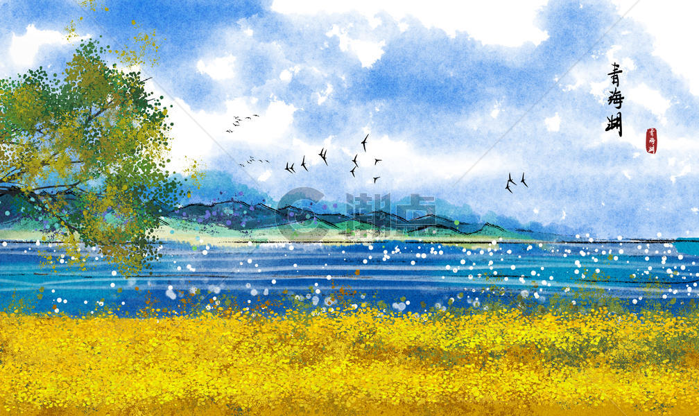 青海湖水墨画图片素材免费下载