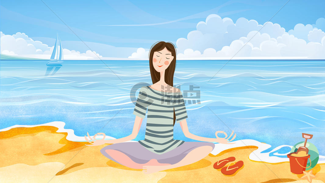 夏日海滩打坐少女清新插画图片素材免费下载