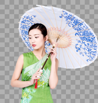 手持青花油纸伞的旗袍美女图片素材免费下载