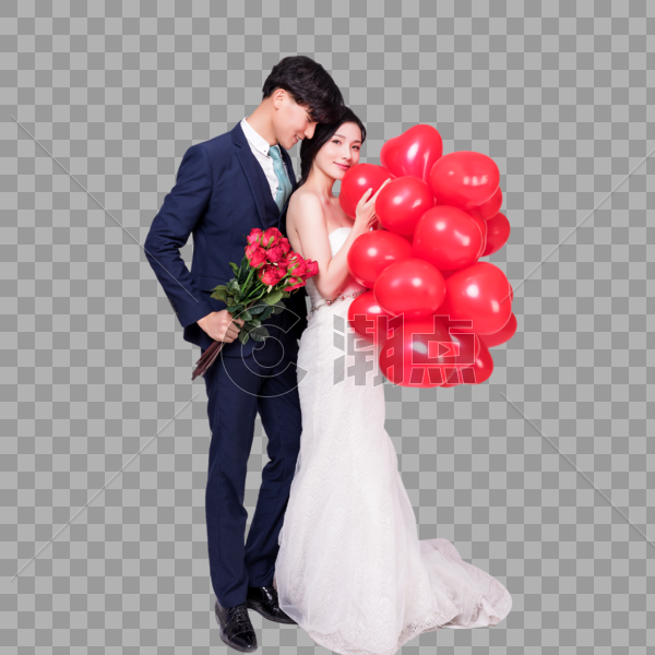 情侣婚纱手持爱心气球玫瑰花动作图片素材免费下载