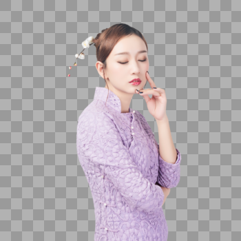 紫色旗袍美女美妆动作图片素材免费下载