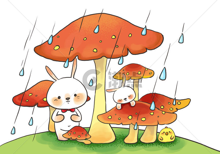梅雨季蘑菇下的小兔子图片素材免费下载