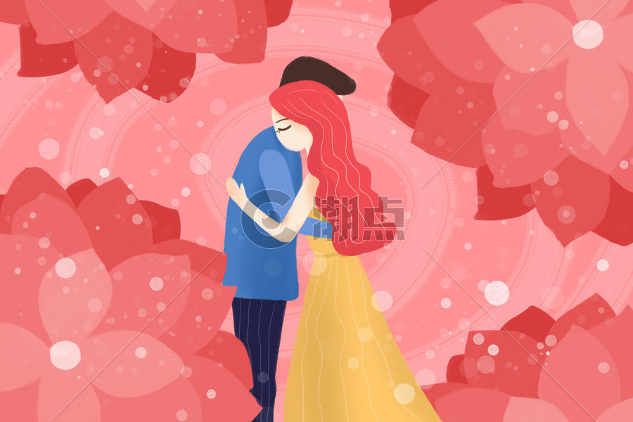 粉色浪漫情侣拥抱情人节插画图片素材免费下载