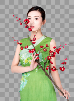 梅花树下身着绿色旗袍的美女图片素材免费下载