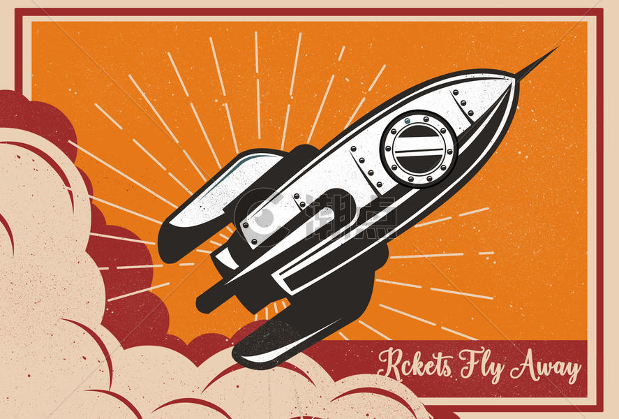 复古海报风格火箭插画图片素材免费下载