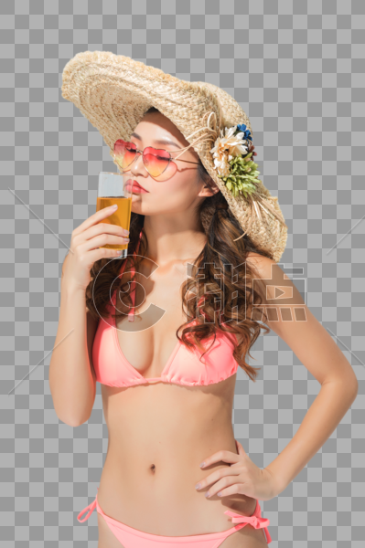 穿粉色比基尼的美女头戴遮阳帽喝饮料图片素材免费下载